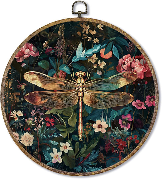 Fewgb Vintage Dragonfly Round Wall Art Decor Framed for Gallery Bedroom Living Room Kitchen Bathroom, Dark Black Floral Canvas Wall Art Prints Picture, Flower Hanging Room Decor Artwork 10x10