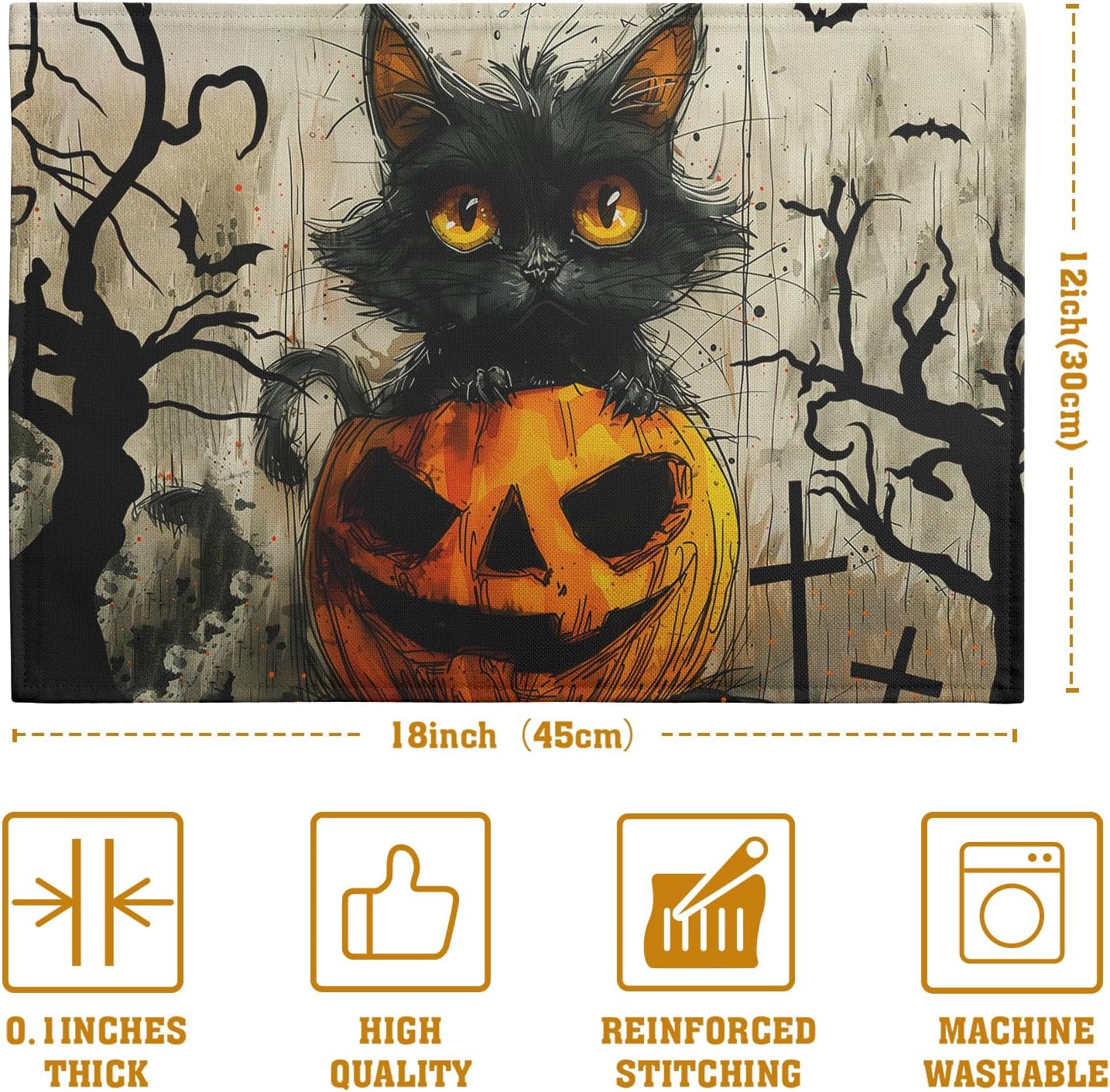 Halloween Black Cat Pumpkin 12x18 Placemats Set of 4 Happy Halloween Bat Branch Linen Table Place Mat Seasonal Fall Washable Heat Resistant Non Slip Table Placemats for Party Kitchen Dining Decor