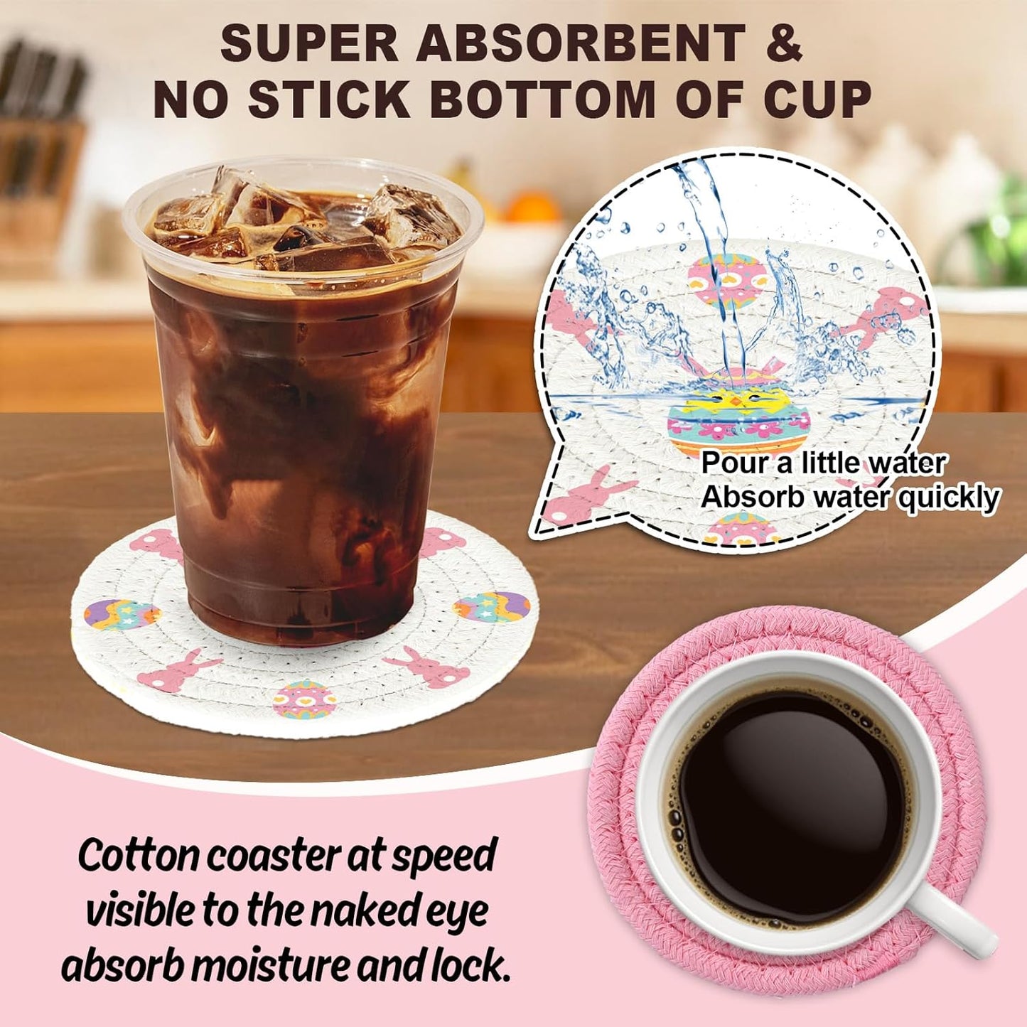 Whaline 4Pcs Easter Bunny Rabbit Egg Cotton Coasters - Handmade Braided Drink Coasters - Pink & White - Absorbent Round Tabletop Protection