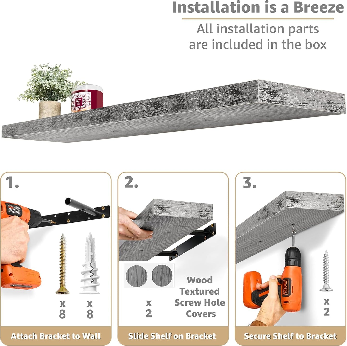 Sorbus Floating Shelves for Wall - 35 Inch Long Bathroom Shelves, Wall Decor for Bedroom, Kitchen, Living Room & Book Storage - Mounted Floating Shelf with Invisible Brackets (Gray, 3 Pack)