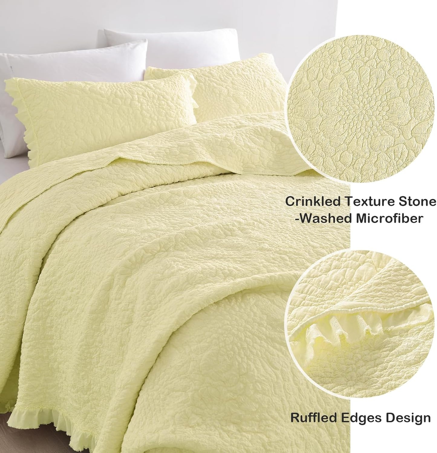 Light Yellow Ruffled Quilt Twin Size, Stone-Washed Microfiber Lightweight Crinkled Farmhouse Rustic Shabby Chic Bedding Set, 2 Pieces Reversible Bedspread with Pillow Sham for All Season