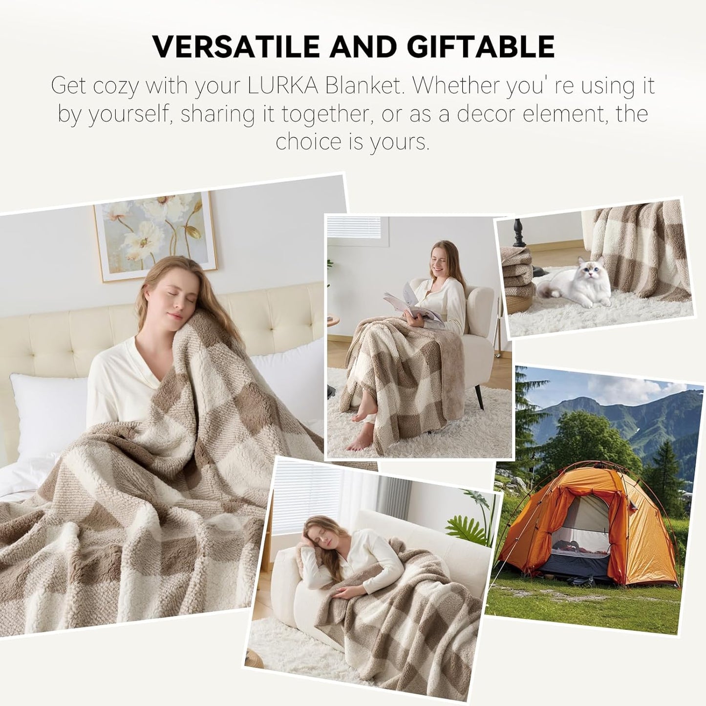 LURKA Checkered Sherpa Fleece Throw Blanket - Extra Thick and Warm Winter Soft Fuzzy Plush Blanket for Couches, Beds & Pets, Khaki, 50x60 Inches