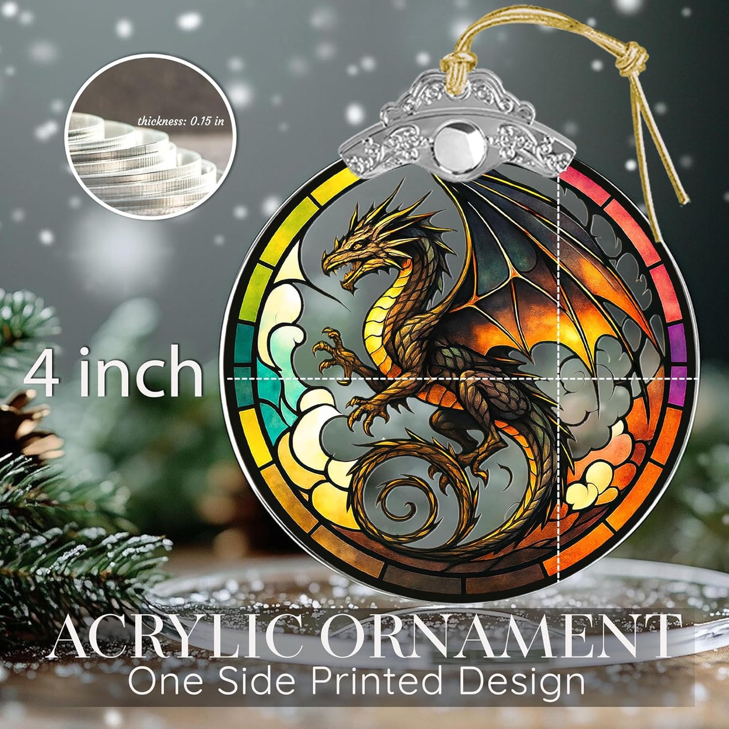 Dragon Stained Art Window Hanging – Fantasy Dragon Ornament for Christmas Tree or Home Decor – ACOTAR Fourth Wing DnD Gift – Dungeons and Dragons Decor for Fans