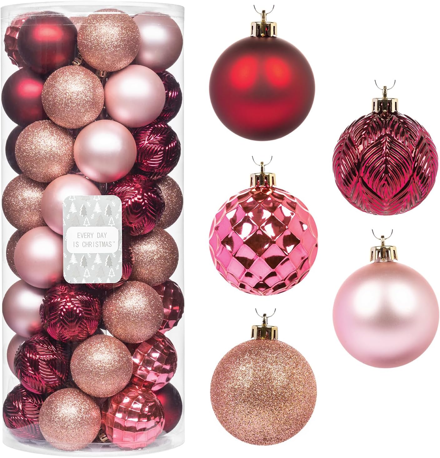 Every Day is Christmas Ornaments, Shatterproof Christmas Tree Ornament Set, Christmas Balls Decoration 50 Count (2.24"/57mm, Pink Rose)