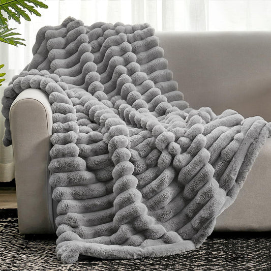 Cozy Bliss Faux Fur Throw Blanket for Couch, Cozy Warm Plush Striped Blanket for Sofa Bedroom Living Room,50 * 60 Inches Grey