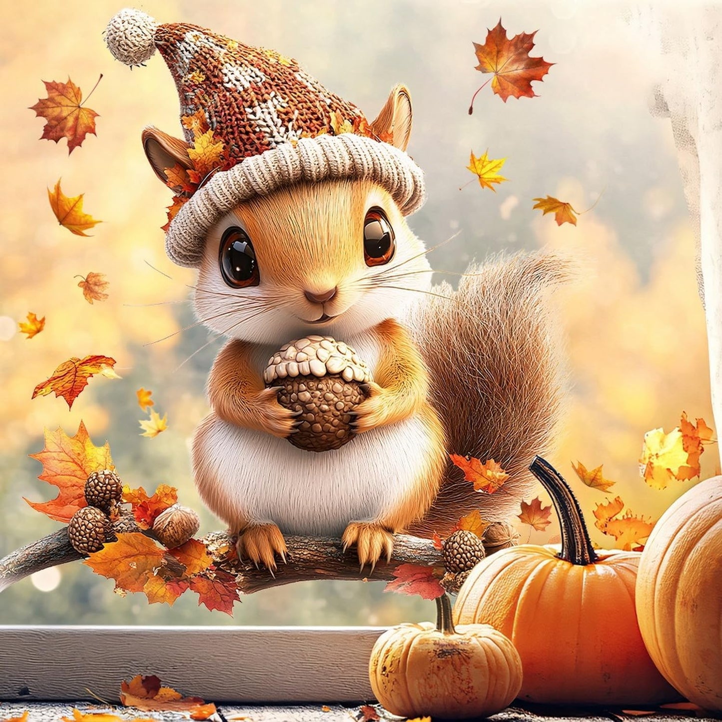 Fall Window Clings for Glass Thanksgiving Static Cling Window Decals 1PCS Cute Squirrel Maple Leaves Autumn Reusable Window Stickers Home School Office Decorations