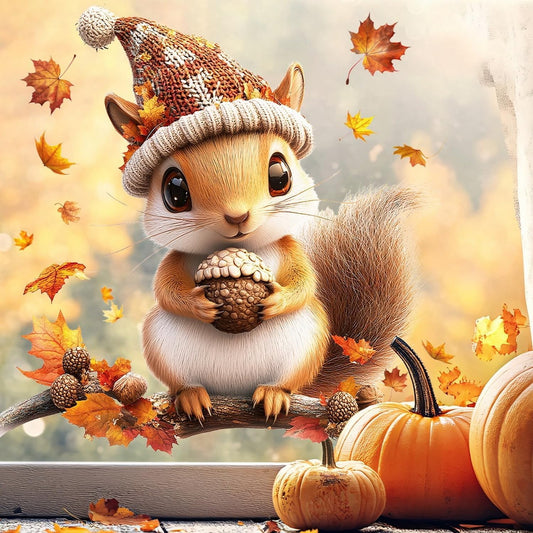 Fall Window Clings for Glass Thanksgiving Static Cling Window Decals 1PCS Cute Squirrel Maple Leaves Autumn Reusable Window Stickers Home School Office Decorations