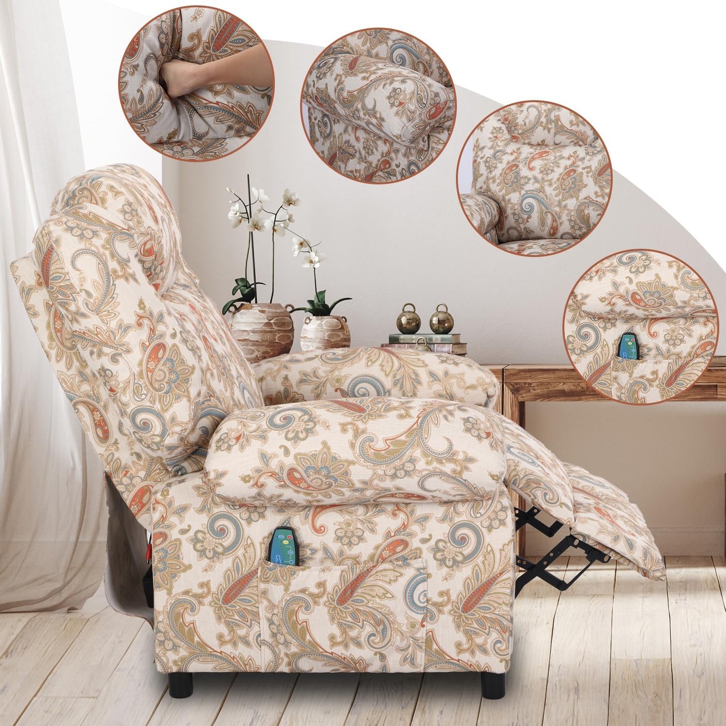 KCREAM Manual Massage Chair Recliner for Adult, Fabric Small Recliner Chairs with Side Pockets and Vibration,Single Sofa Home Theater Seating,Floral