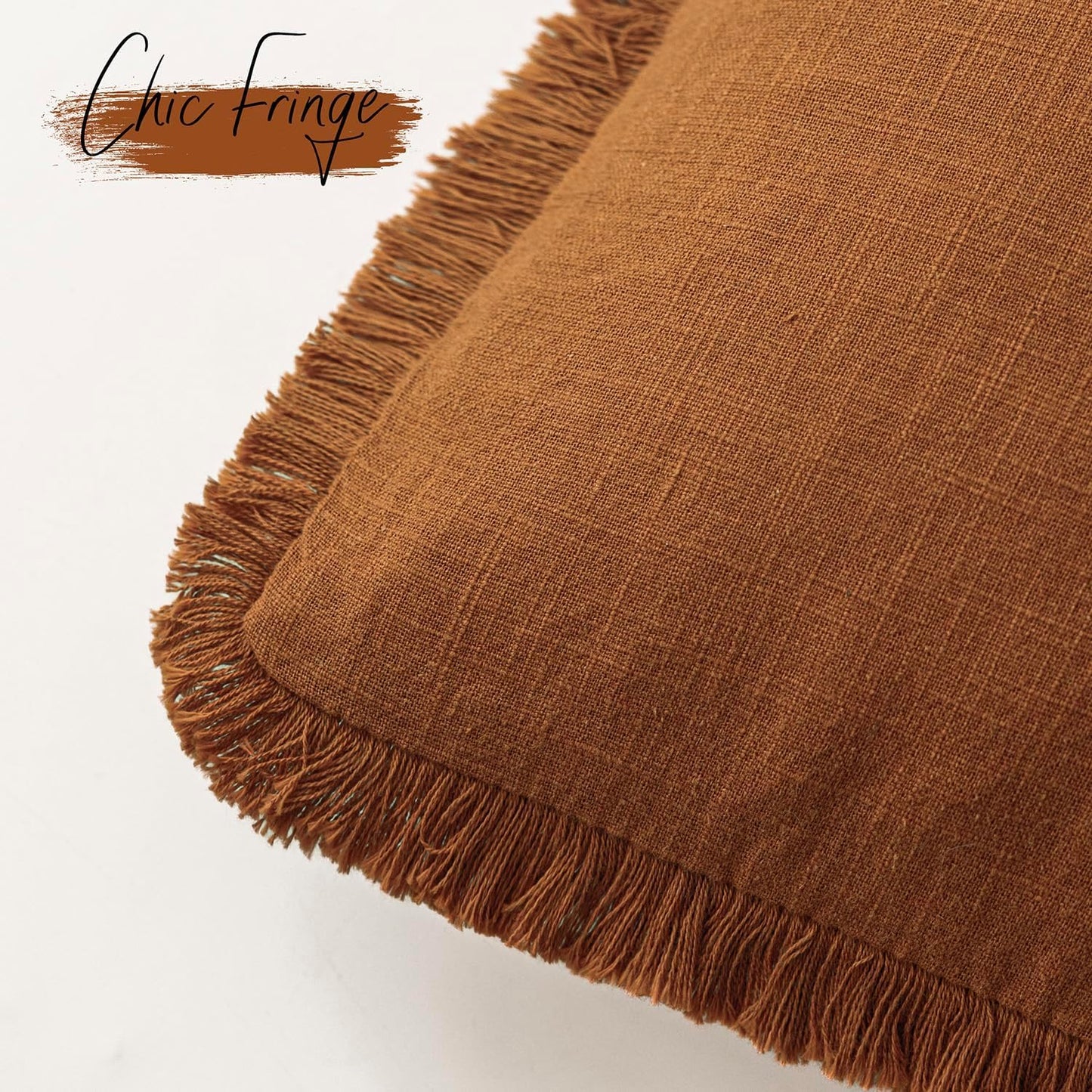 Foindtower Set of 2 Decorative Linen Fringe Throw Pillow Covers Cozy Boho Farmhouse Cushion Cover with Tassels Soft Accent Pillowcase for Couch Sofa Bed Living Room Home Decor, 22×22 Inch, Orange