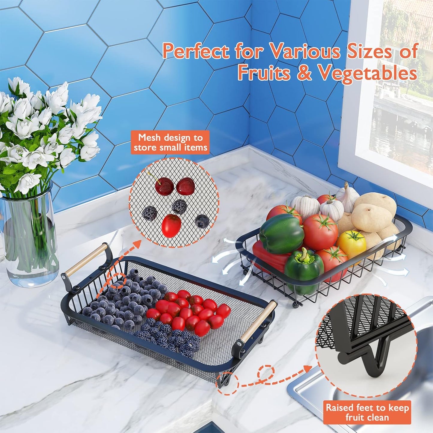 ANTOPY 2 Tier Fruit Basket with 2 Banana Hangers, Countertop Fruit Vegetable Basket Bowl for Kitchen Counter Metal Mesh Basket Fruits Stand Produce Holder Organizer for Onion Potato Bread Snack Veggie