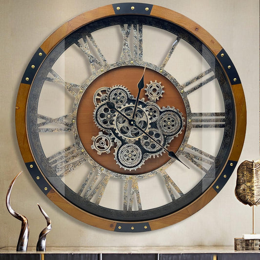 DORBOKER 24" Original Moving Gears Wall Clock, Large Industrial Wall Clock for Living Room Decor, Retro Wood Vintage Farmhouse Steampunk Rustic Clocks for Wall Decor,Brown Nanmu