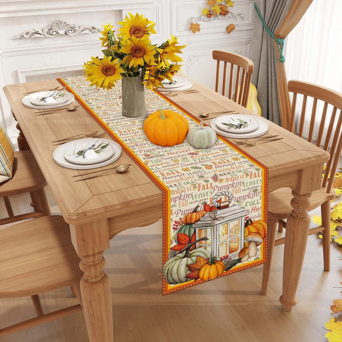 Linen Fall Table Runner - 60 Inch Farmhouse Fall Leaves Pumpkin Decor for Autumn Thanksgiving Home Kitchen Dining Room