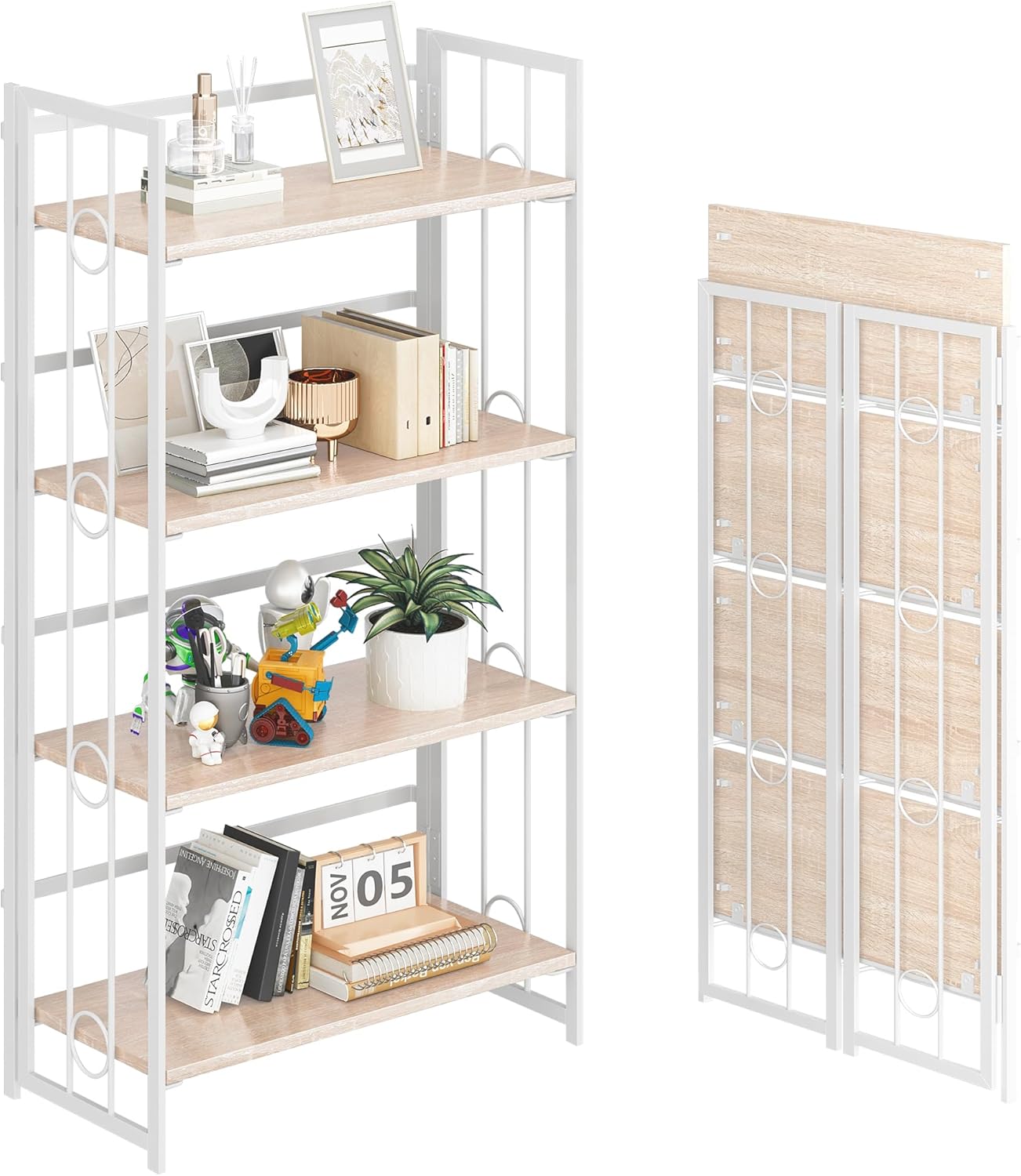 4NM No Assembly 4 Tiers Folding Bookshelf, 47.2" H Foldable Storage Shelves Vintage Bookcase Standing Racks Study Organizer Home Office - Natural White