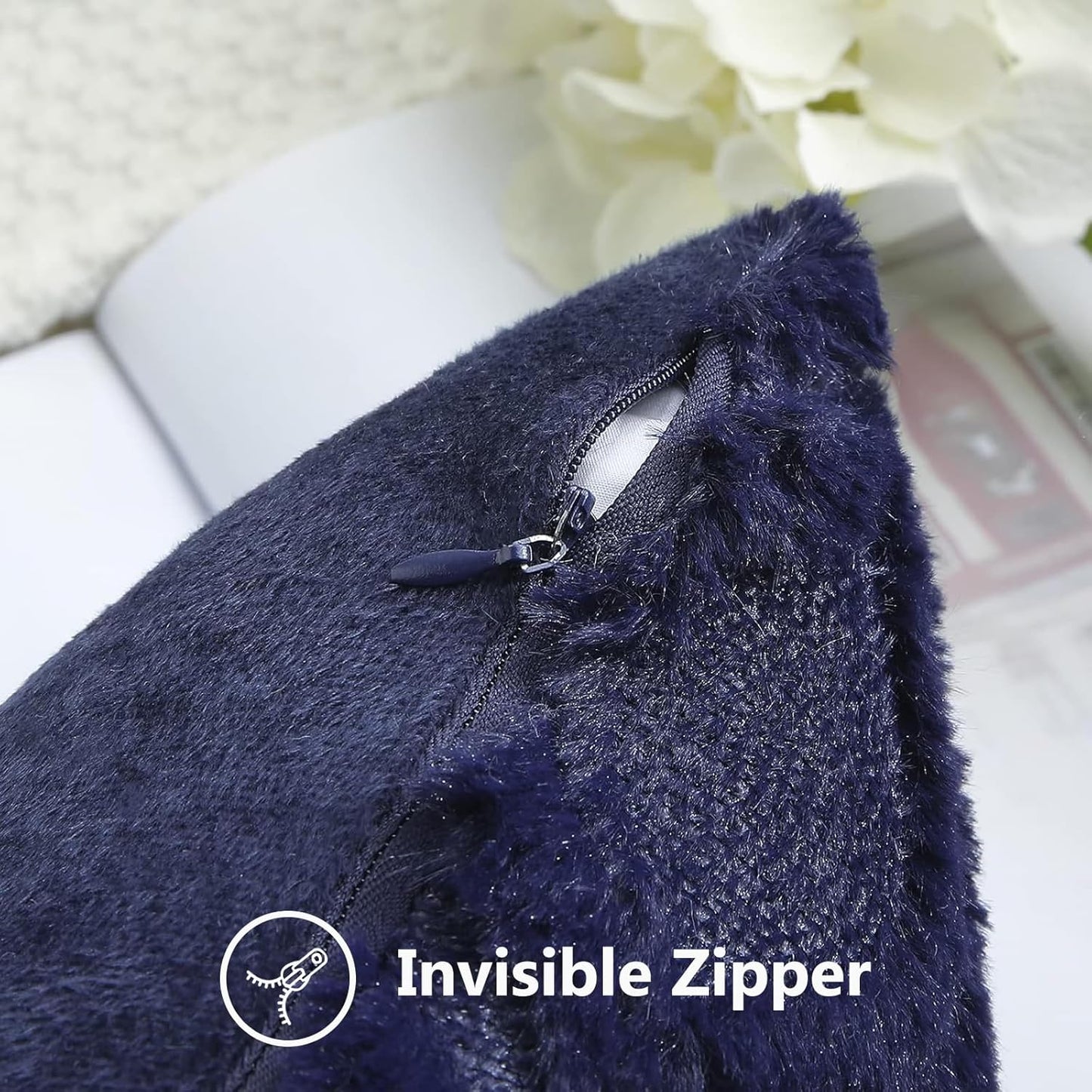 decorUhome Fall Throw Pillow Covers 16x16 Inch Set of 2, Soft Plush Decorative Faux Fur Navy Blue Solid Couch Pillow Covers, Accent Farmhouse Neutral Square Euro Pillow Cases for Sofa Bed Living Room