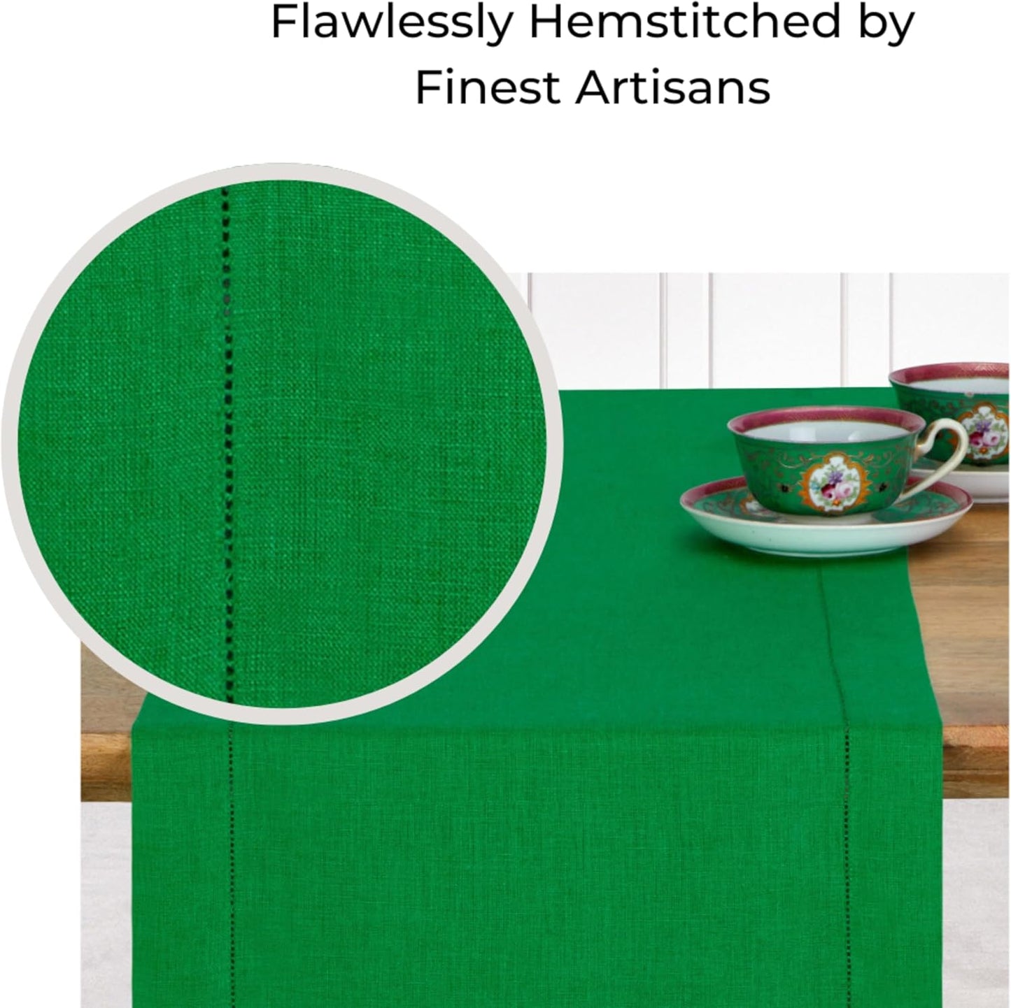 D'Moksha Homes Kelly Green Linen Table Runner 72 Inches Long - 100% Pure Linen Diamond Table Runner 14 x 72 Inch for Dining, Fall and Halloween - Machine Washable