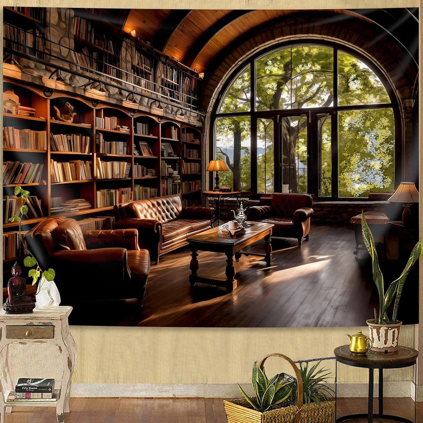 dueeia Book Library Tapestry Wall Hanging Medieval Bookshelf Vintage Window Bookcase Backdrop Wall Decor for Bedroom Aesthetic Living Room Office (78.7"x59.1")