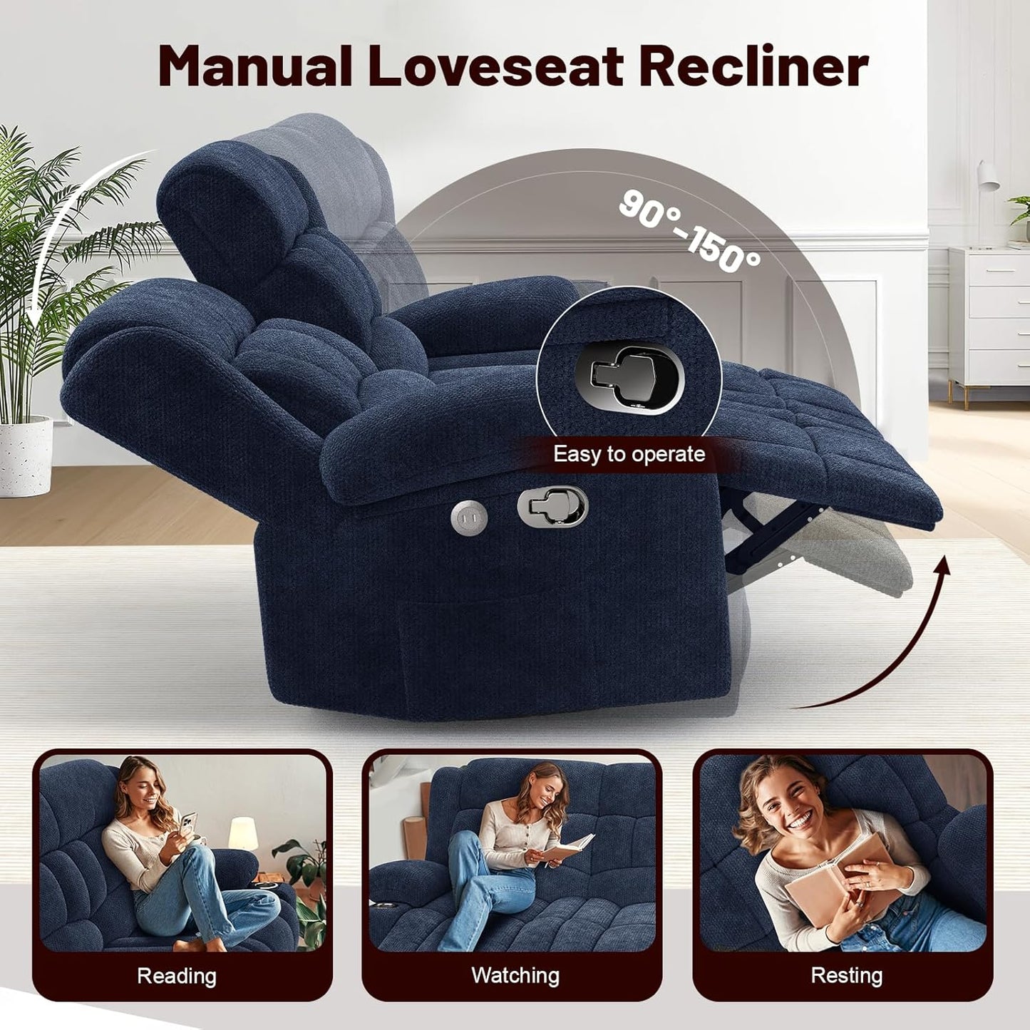 Loveseat Recliner Sofa Set with 2+1+1 Pieces, 2 Seater Minimalist Style Fabric Manual Pull Tab Reclining Loveseat with USB Charge Ports, Cup Holders, Recliner Couches for Living Room, RV, Blue