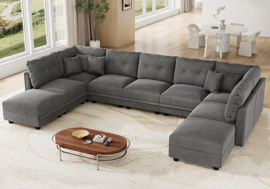 LLappuil Modular Sectional Sofa with Storage Seats, Corduroy Convertible Modular U Shaped Sectional Couch for Living Room, 9 Seat Oversized Sofa with 9 Back Cushion 9 Throw Pillow, Grey