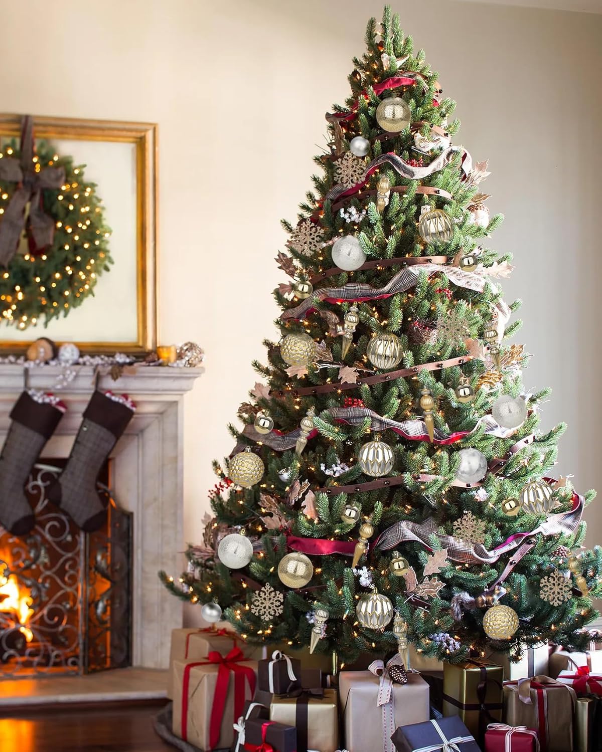 92ct Christmas Tree Decoration Set Christmas Ball Ornaments with Srtings Shatterproof Christmas Baubles for Christmas Holiday Wreath Garland Party Decoration, Gold-Silver