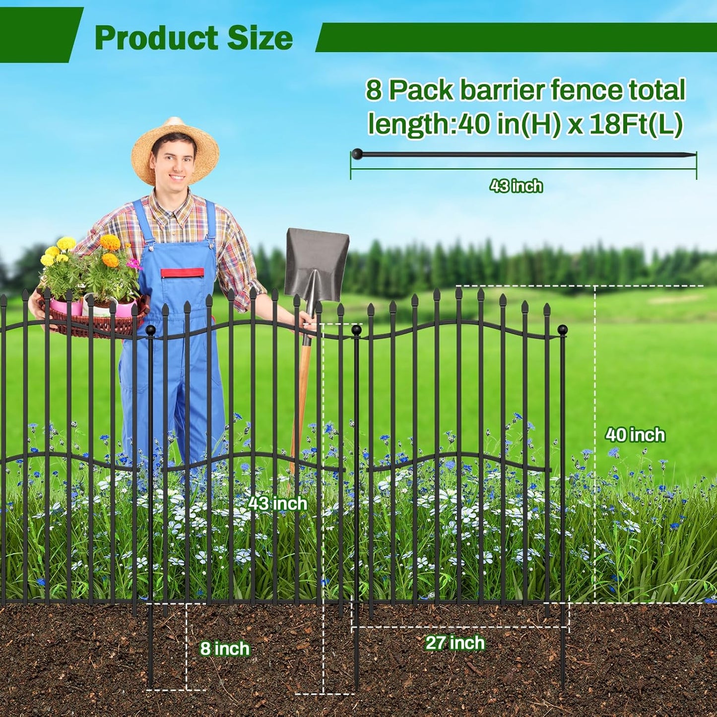 8 Panels No Dig Decorative Garden Fence with Gate - 40in H x 18ft L, Tall Heavy-Duty Square Tube Animal Barrier, Rustproof Dog Fence for Outdoor Yard & Patio Protection