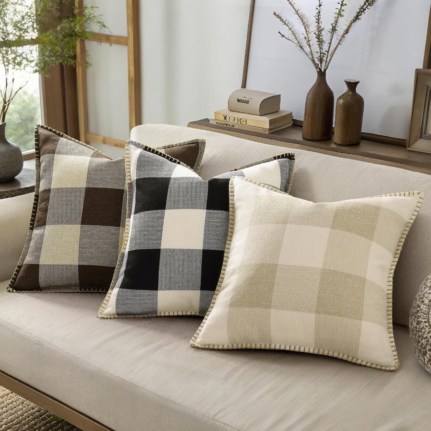 decorUhome Buffalo Plaid Check Throw Pillow Covers 18x18 Set of 2, Outdoor Decorative Farmhouse Neutral Pillow Covers with Stitched Edge for Bed Couch Sofa, Brown and Beige