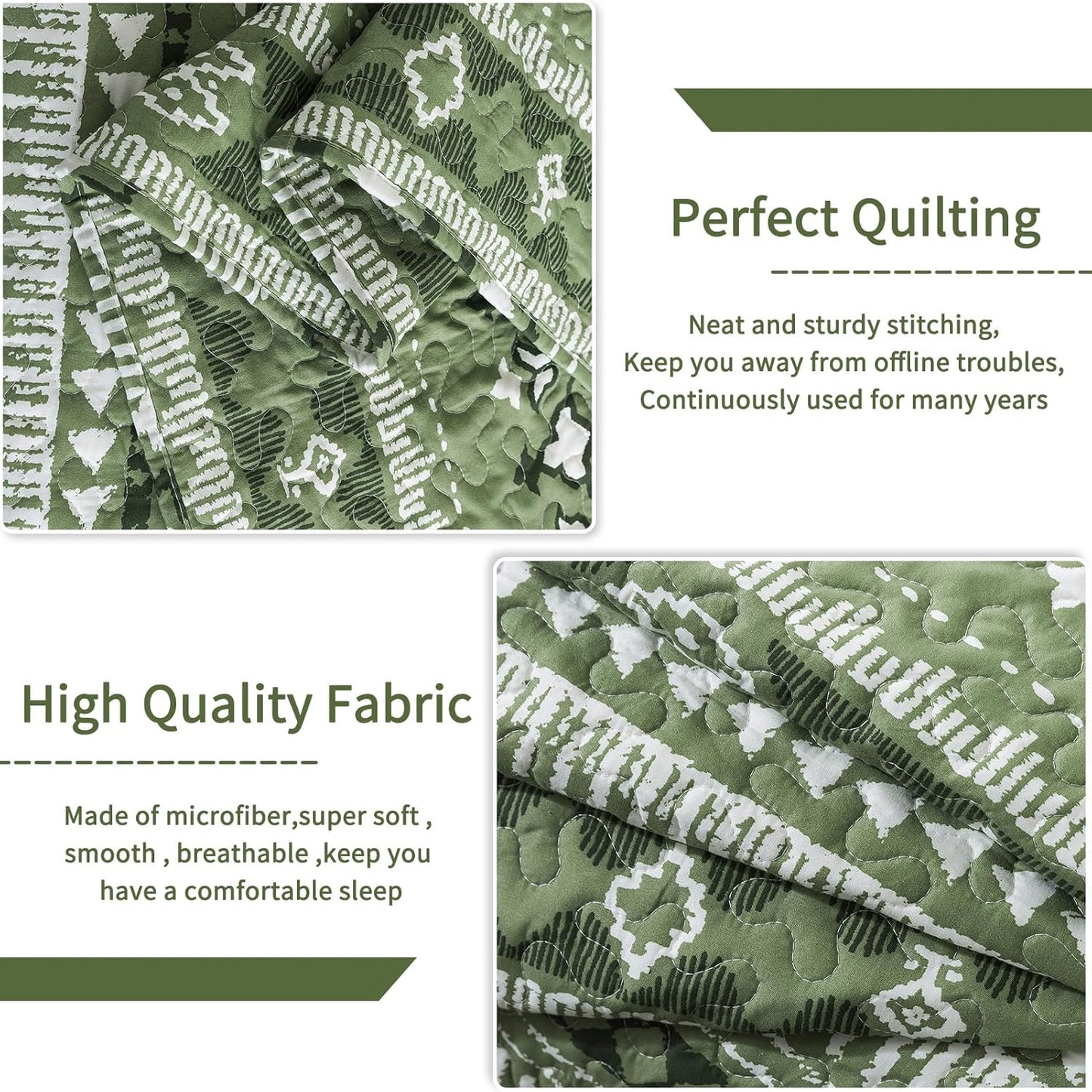 VAPUTAR Reversible Quilt Bedding Set - Queen Size (90 * 98 in) - All-Season Lightweight Coverlet with Boho Stripe Pattern, Boho Bedspread Sets, 3 Pieces/Green