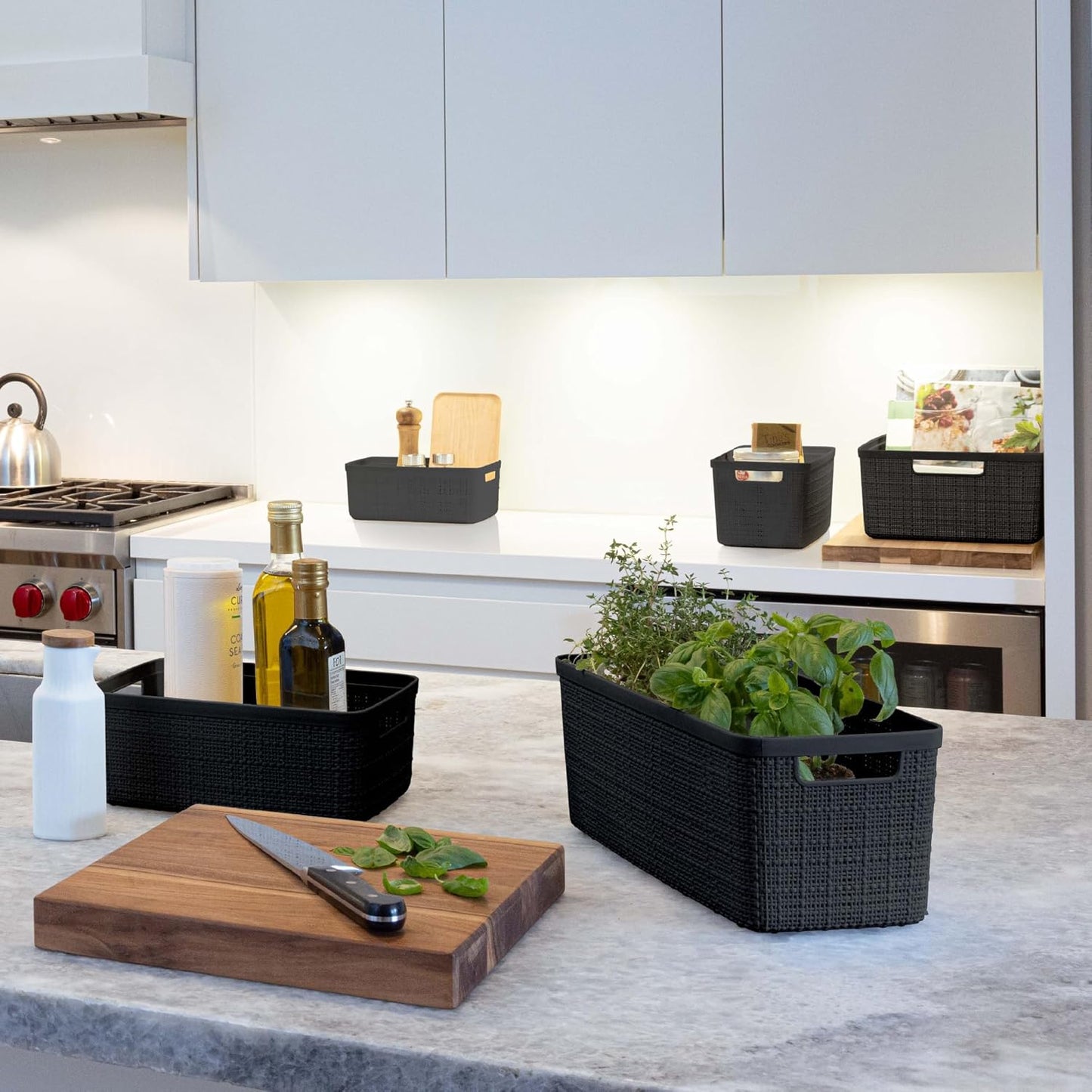 Curver Set of 8 Jute Slim Decorative Plastic Organization and Storage Baskets, Perfect Bins for Home Office, Closet Shelves, Kitchen Pantry and All Bedroom Essentials, Black