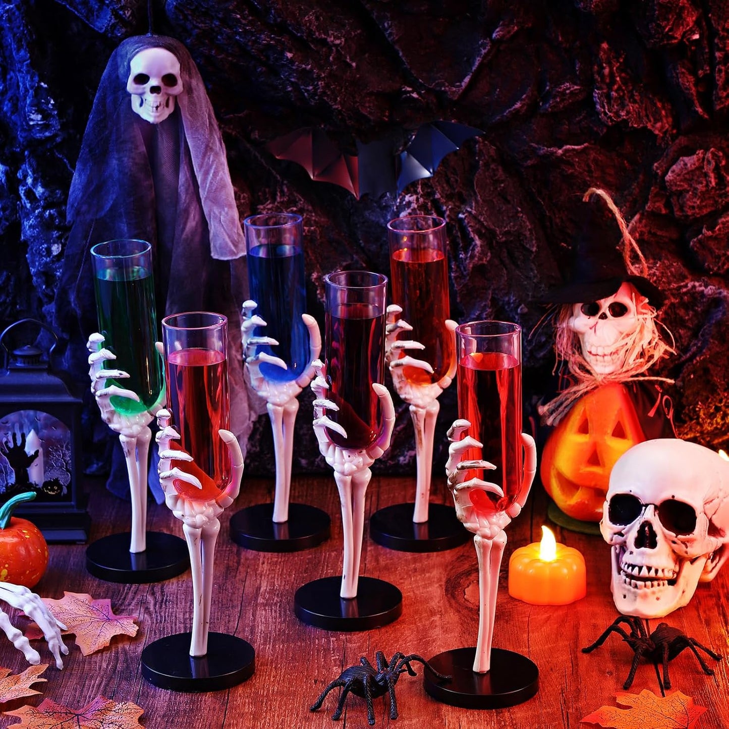 Yinkin 6 Pcs Halloween Skeleton Hand Wine Glass 2.7 oz Halloween Goblets with Skeleton Hand Plastic Champagne Flutes Spooky Creepy Cups for Haunted House Party Decorations