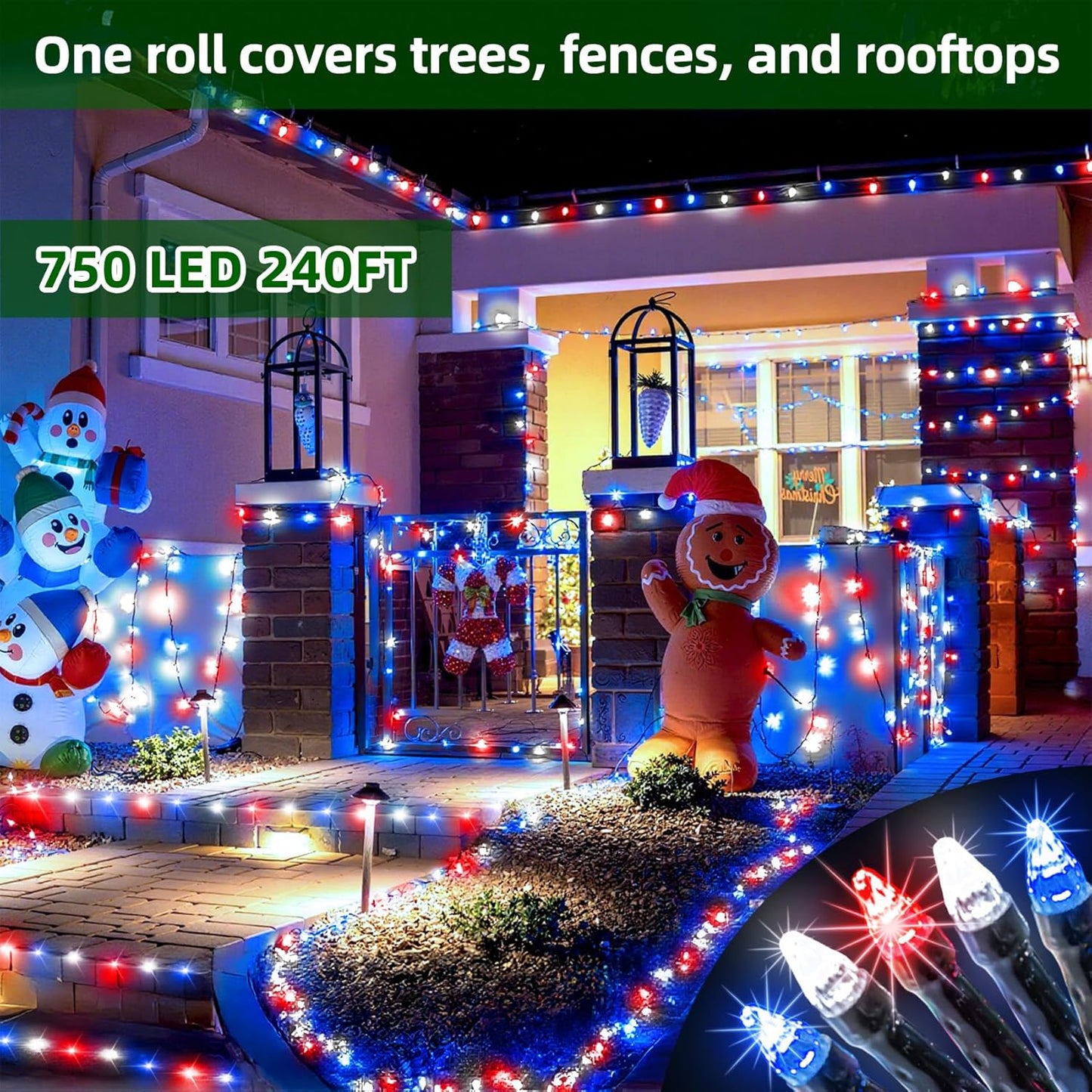750 LED 240FT Christmas Lights Outdoor,12 Lighting Modes Christmas String Lights with Timer, Dimmable Plug in Red White and Blue LED StringLights Waterproof for Yard Tree Wedding Party Holiday