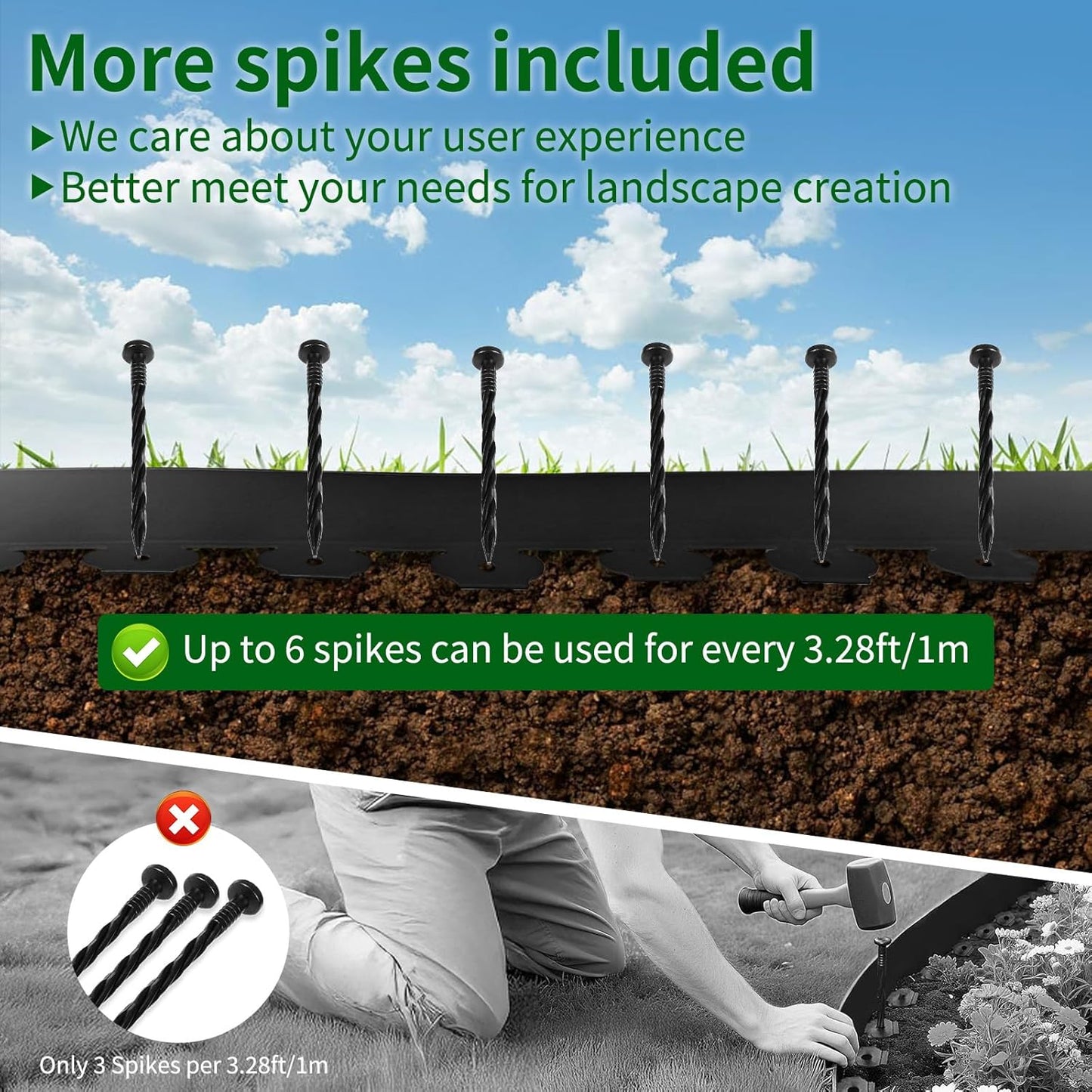 4 in x 100 Ft Garden Landscape Edging, No Dig Garden Edging Border Kit with 184 Pcs Spikes for Flower Bed Lawn Yard Grass Green