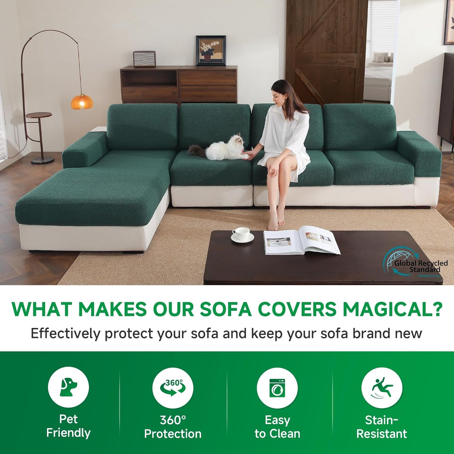 Couch Cushion Covers for Sectional Sofa, Stretch Soft Sofa Slipcovers Washable Wear-Resistant Universal Furniture Protector for Living Room(1 Piece Large Cover, Green)