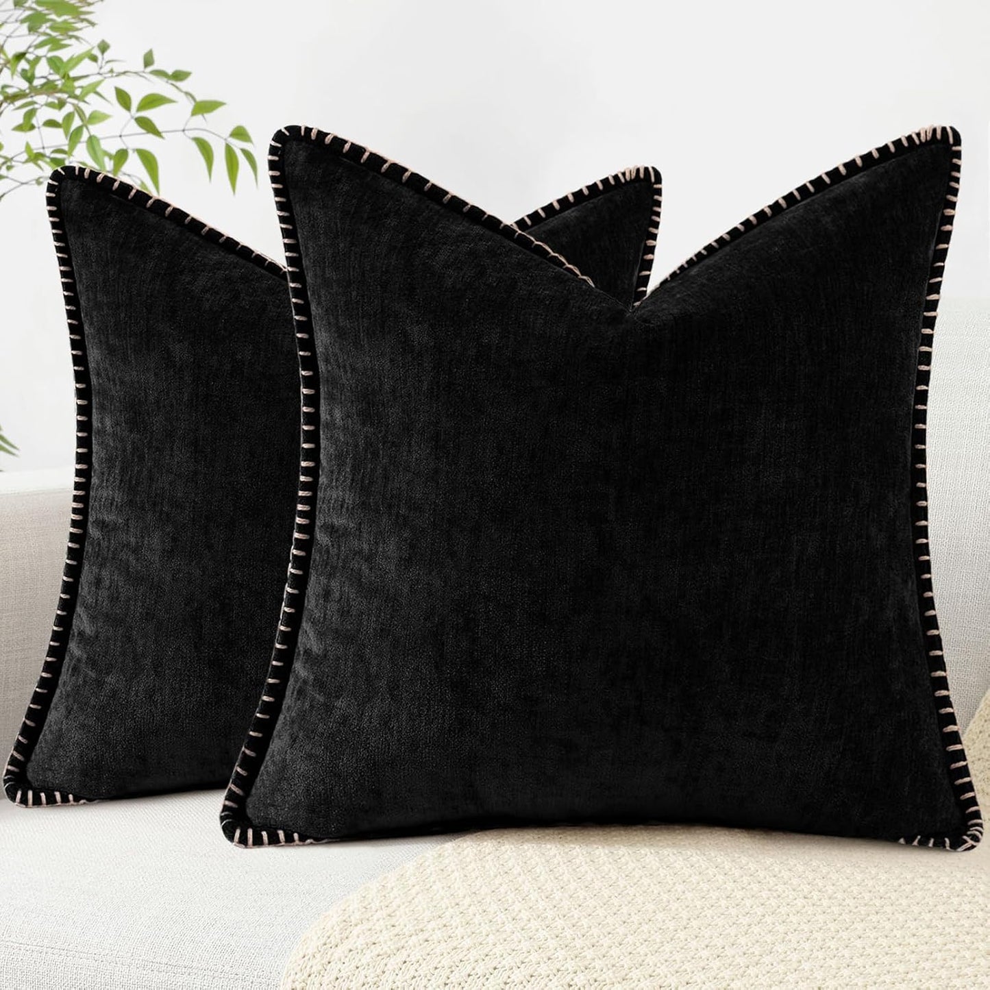decorUhome Chenille Soft Throw Pillow Covers 26x26 Set of 2, Farmhouse Velvet Neutral Decorative Euro Pillow Covers with Stitched Edge for Couch Sofa Bed Home Decor, Black