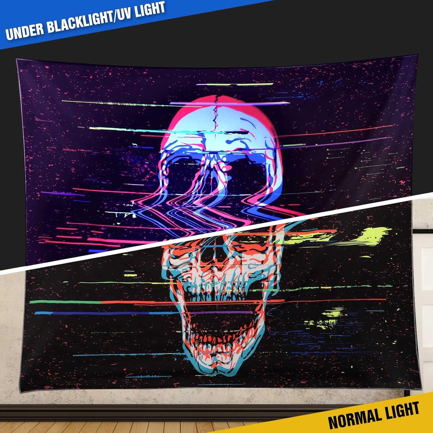 ADDWel Blacklight Skull Tapestry, Black Psychedelic Tapestry Glow In The Dark, UV Reactive Black Light Tapestries Posters Wall Hanging for Bedroom Living Room Dorm Party Backdrop Decor(60 * 80inches)