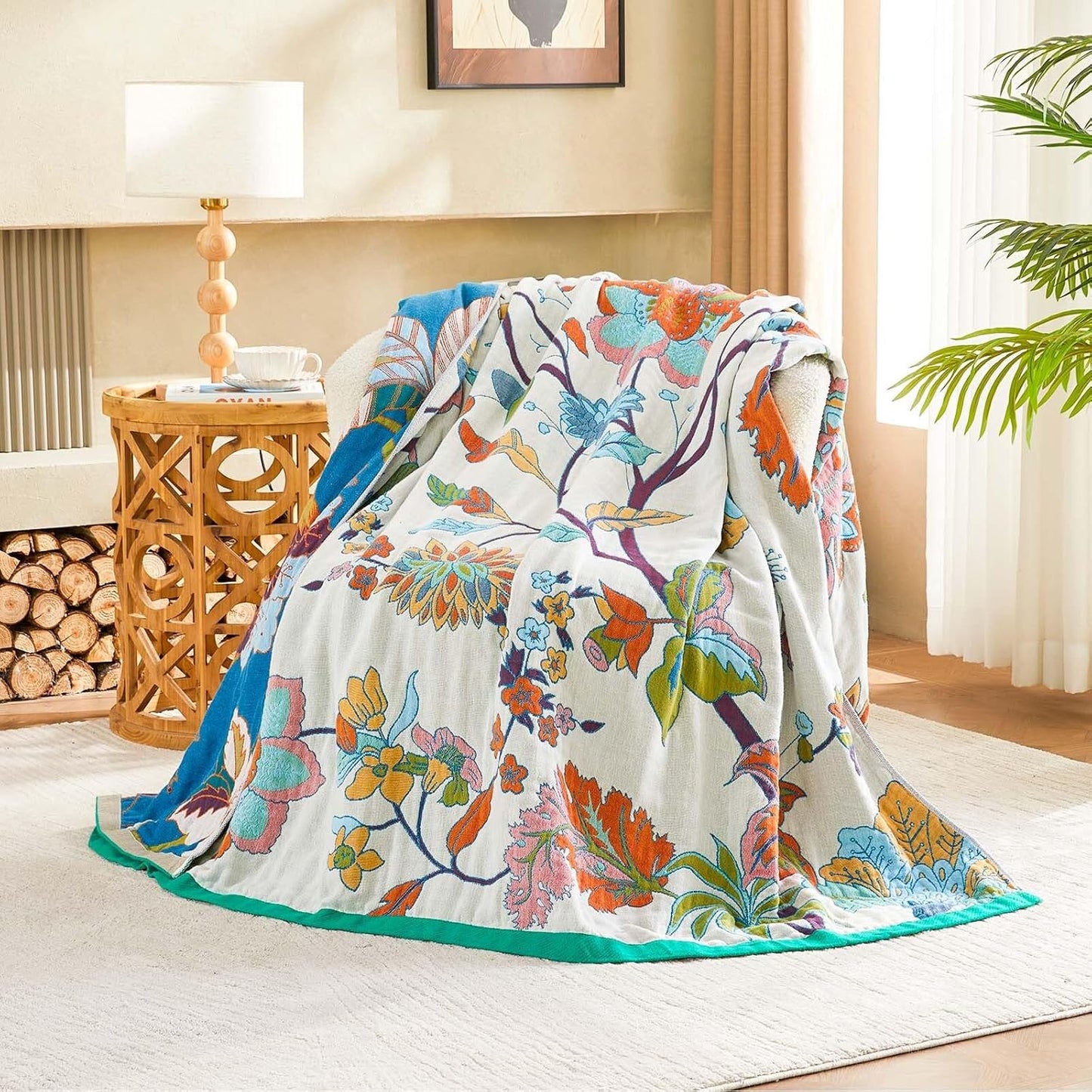Summer Throw Blanket, 60"x80" Reversible Bohemian Flower Blanket, 100% Cotton Muslin Breathable Woven, Farmhouse Decorative Throw Blanket
