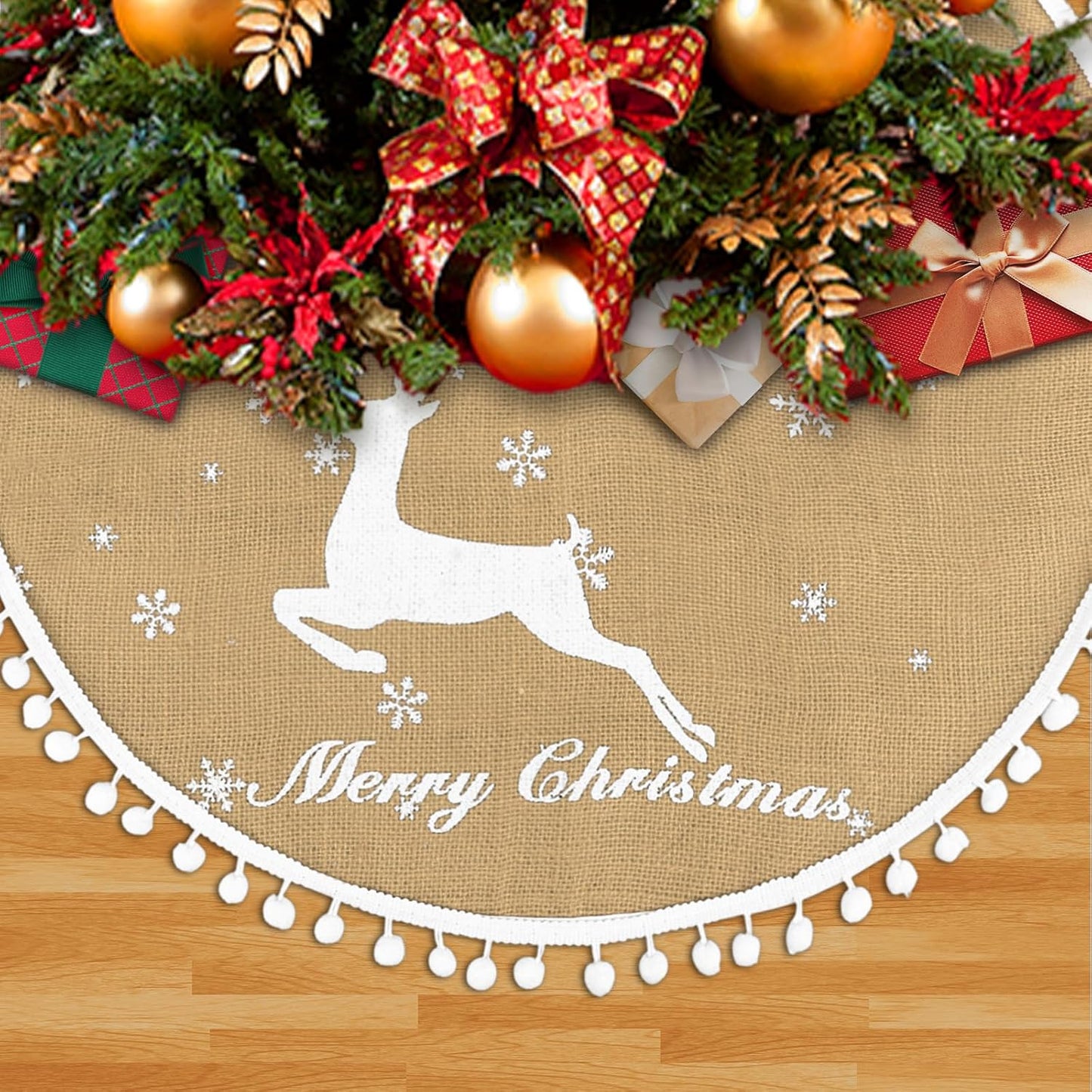 48 Inch Christmas Tree Skirt, Burlap Linen Color Christmas Rustic Tree Skirt with Elk Deer and White Snowflake Printed for Holiday Party Xmas Tree Decoration