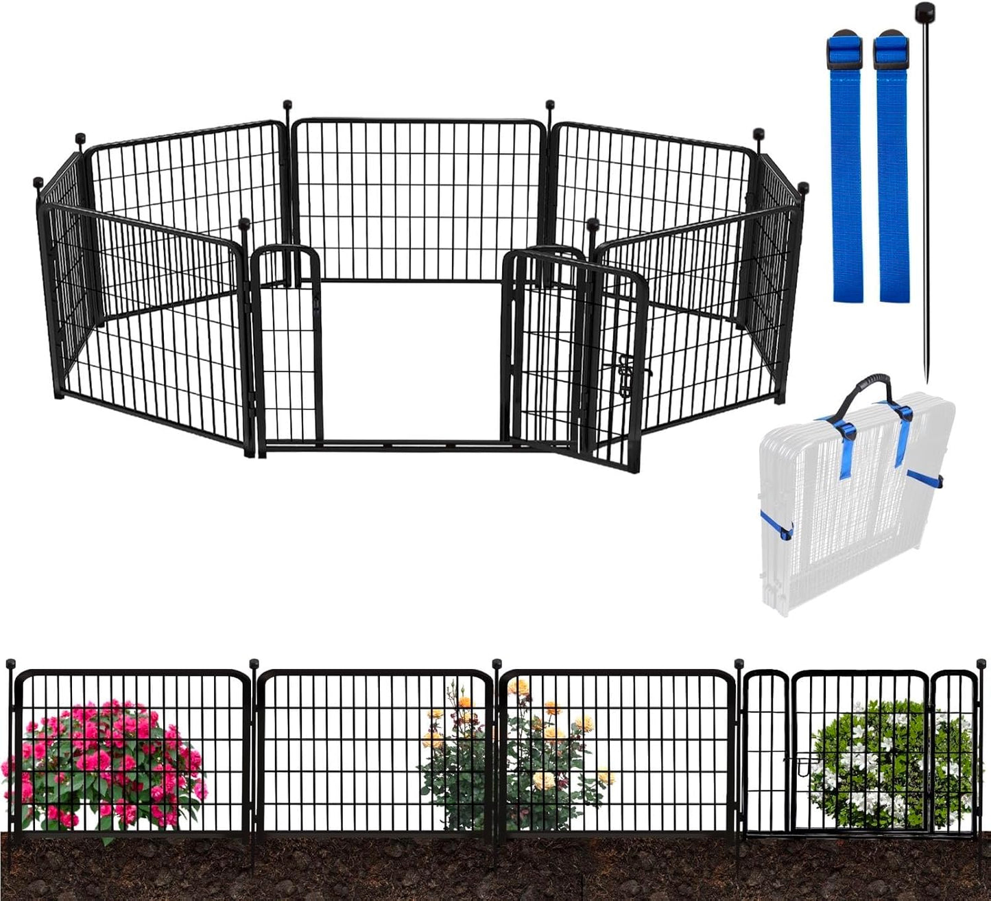 ADAVIN Garden Fencing 24 Inch High, Low Threshold Gate, 8 Panels Total 19.7 Ft(L), Temporary Fences for Dogs Outdoor, Fencing for Garden Beds, Black Metal Decorative Flowers Fence, Rabbit Fence
