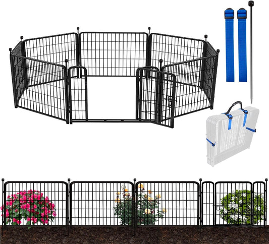 ADAVIN Garden Fencing 24 Inch High, Low Threshold Gate, 8 Panels Total 19.7 Ft(L), Temporary Fences for Dogs Outdoor, Fencing for Garden Beds, Black Metal Decorative Flowers Fence, Rabbit Fence