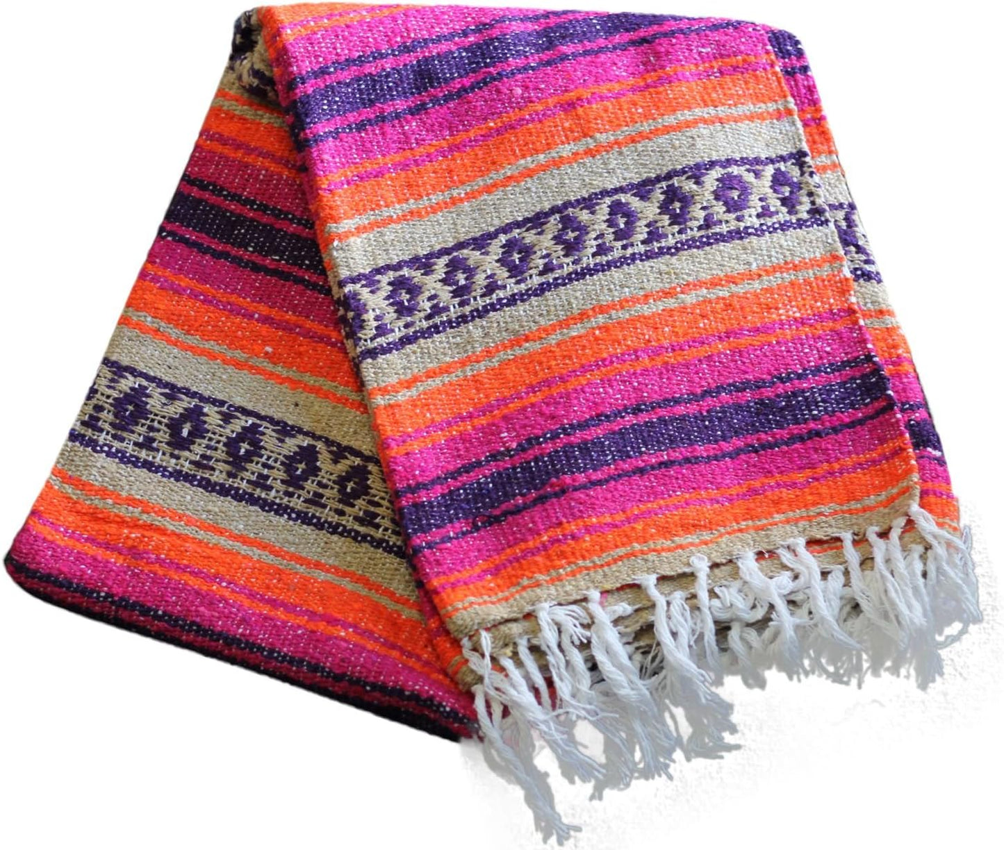 Del Mex Classic Mexican Blanket, Large Authentic Woven Falsa Throw (70"x50"), Artisan Southwest Décor for Beach, Yoga, Outdoors (Pink/Orange)