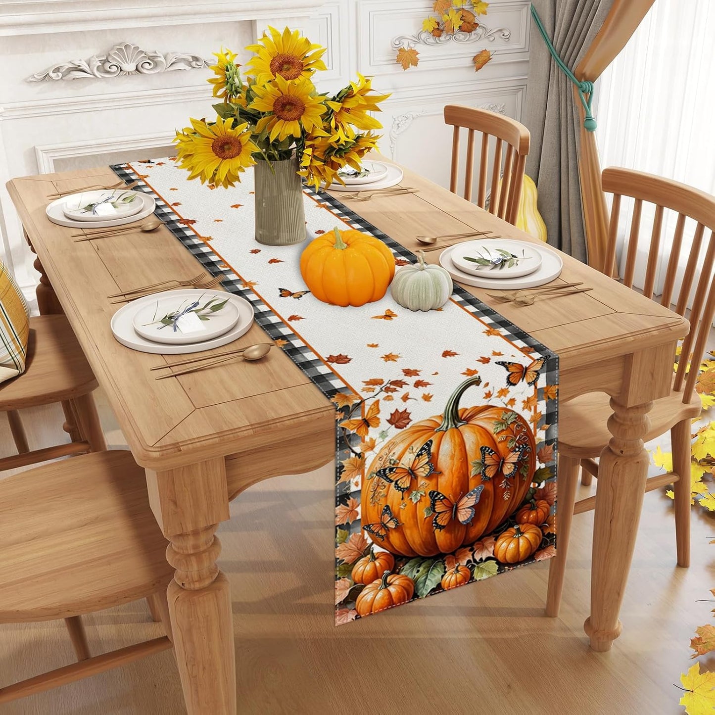 Linen Black and White Buffalo Check Plaid Fall Table Runner 36 Inches Long, Fall Leaves Pumpkin Butterfly Home Kitchen Table Decor, Farmhouse Autumn Thanksgiving Harvest Festival Decorations for Home