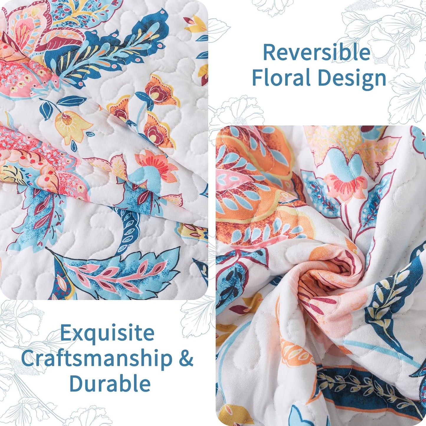 VAPUTAR Garden Queen Size Quilt Bedding Set for Adults - Farmhouse Queen Bedspread (90 x 98 inch) with 2 Pillow Shams - Lightweight Reversible Coverlet Quilt for Bedroom, 3 Pieces