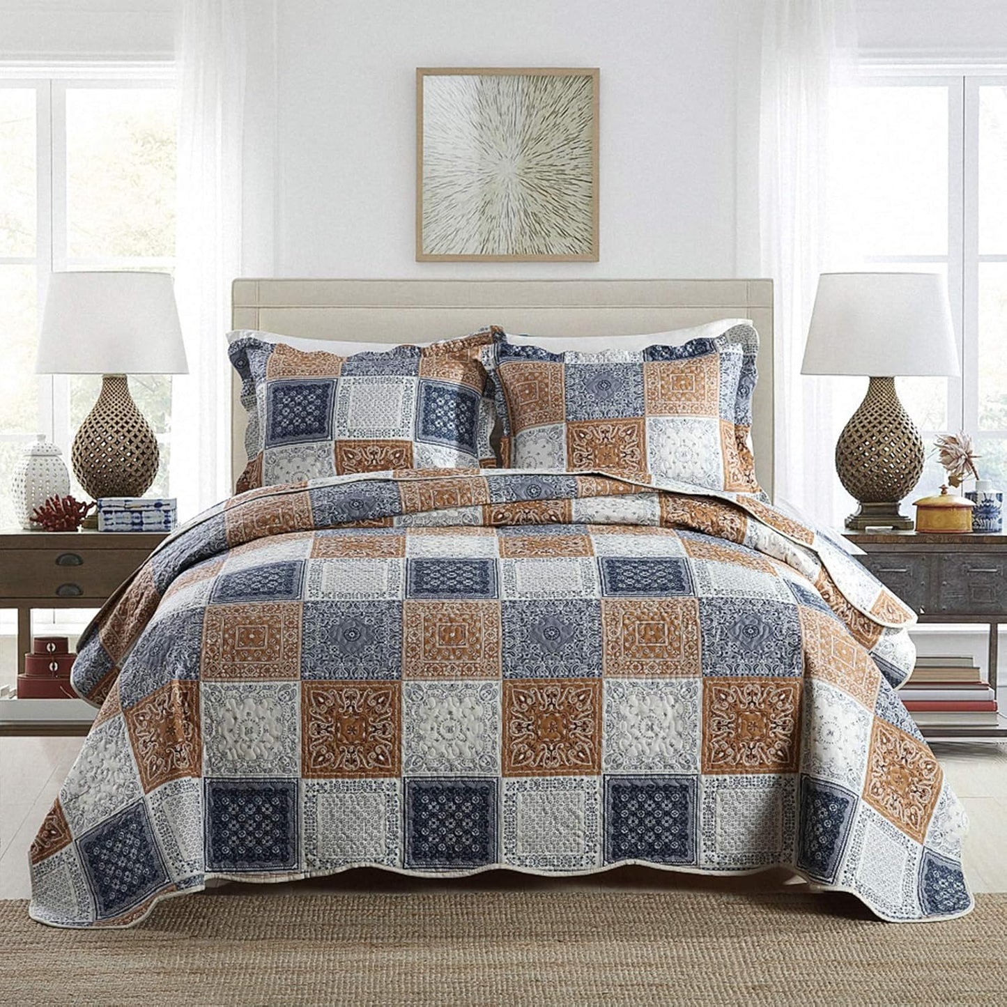 NEWLAKE Quilt Bedspread Sets-Color Block Pattern Reversible Coverlet Set,King Size