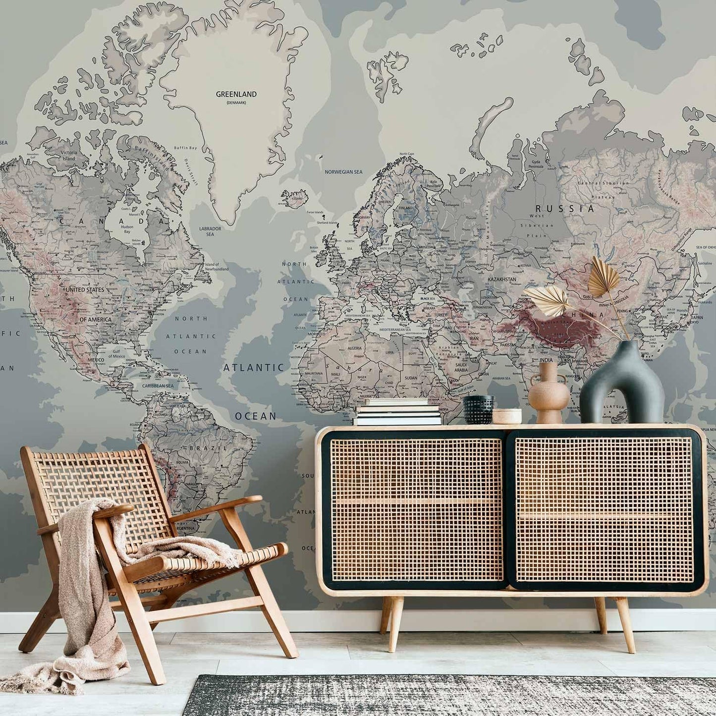artgeist Premium Wall Mural World Map 177x124 in - XXL Non-Woven Wallpaper Fleece Wall Decor Photo Print Picture Image Design Home Map of The World k-A-0061-a-c