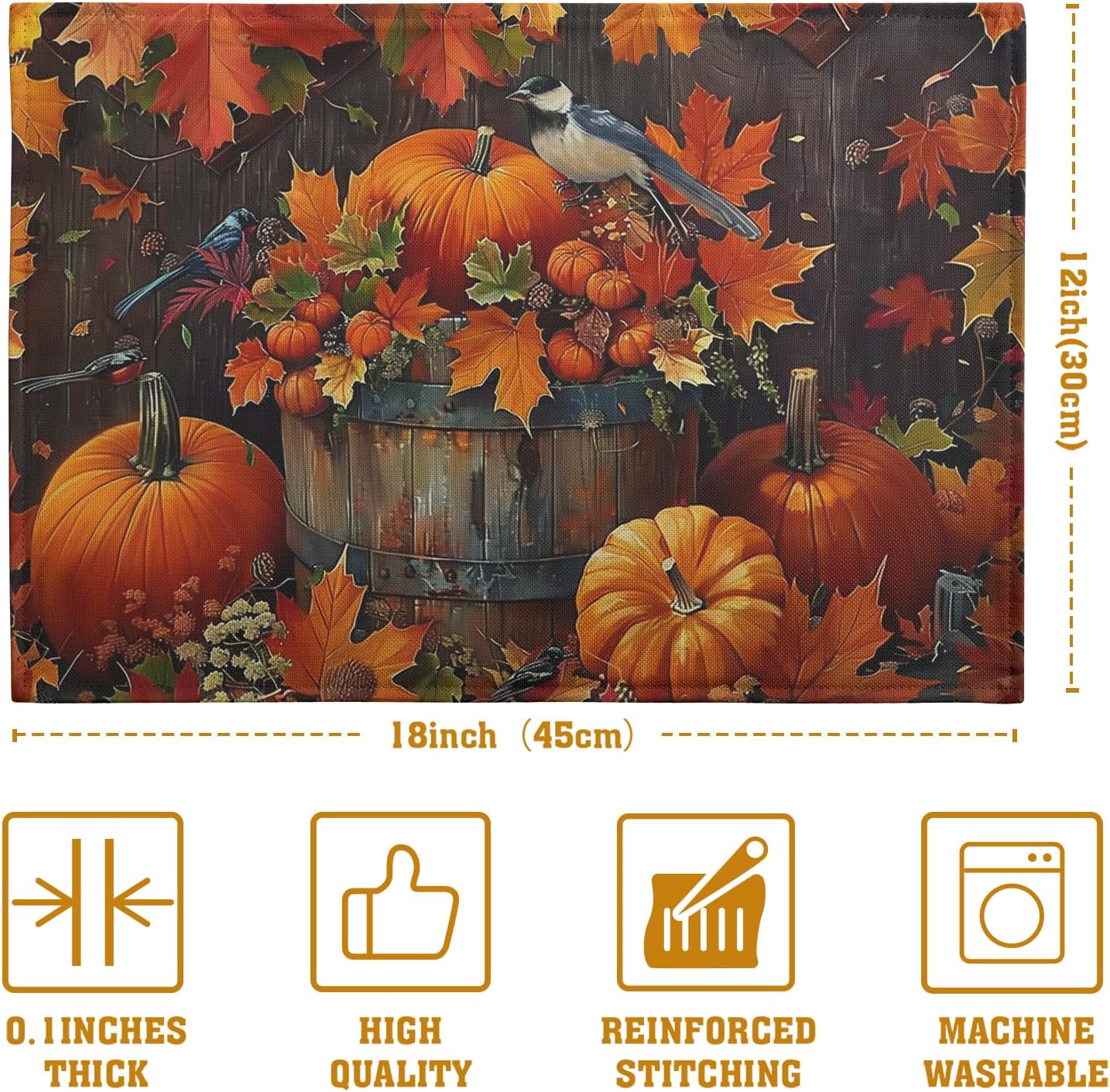 Pumpkin Maple Leaf Bird Fall Placemats Set of 4 Autumn Thanksgiving Seasonal Holiday Harvest Linen Table Mats Orange Brown Washable Place Mats for Party Kitchen Dining Outdoor Indoor Decor