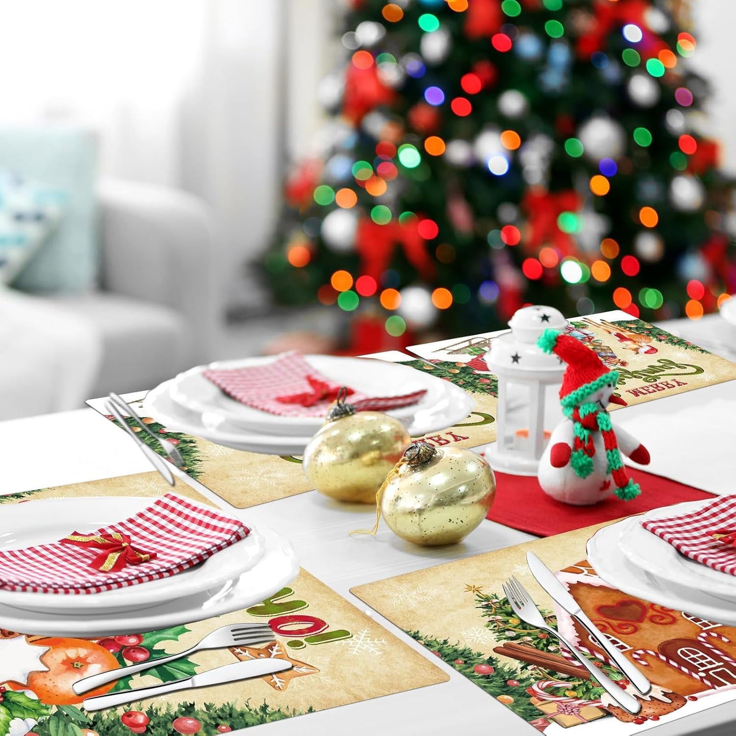 Christmas Placemats Set of 6 Retro Christmas Plastic Table Place Mats Merry Christmas Dining Mats Washable Xmas Holiday Rustic Vintage Table Decoration for Indoor Outdoor Christmas Party Dining Table