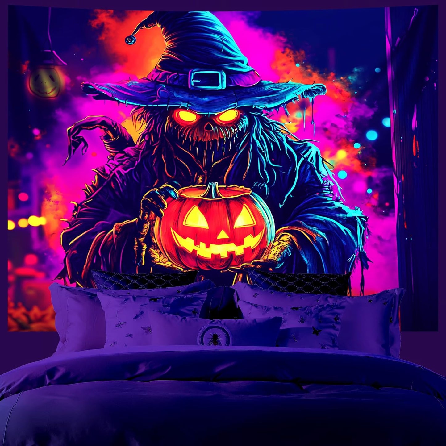 AOHMPT Glow-in-the-Dark Halloween Tapestry - UV Reactive Black Light Wall Hanging Decor for Spooky Parties, Bedroom, Living Room (Scarecrow-Pumpkin, 59" L x 51" W, Unframed)