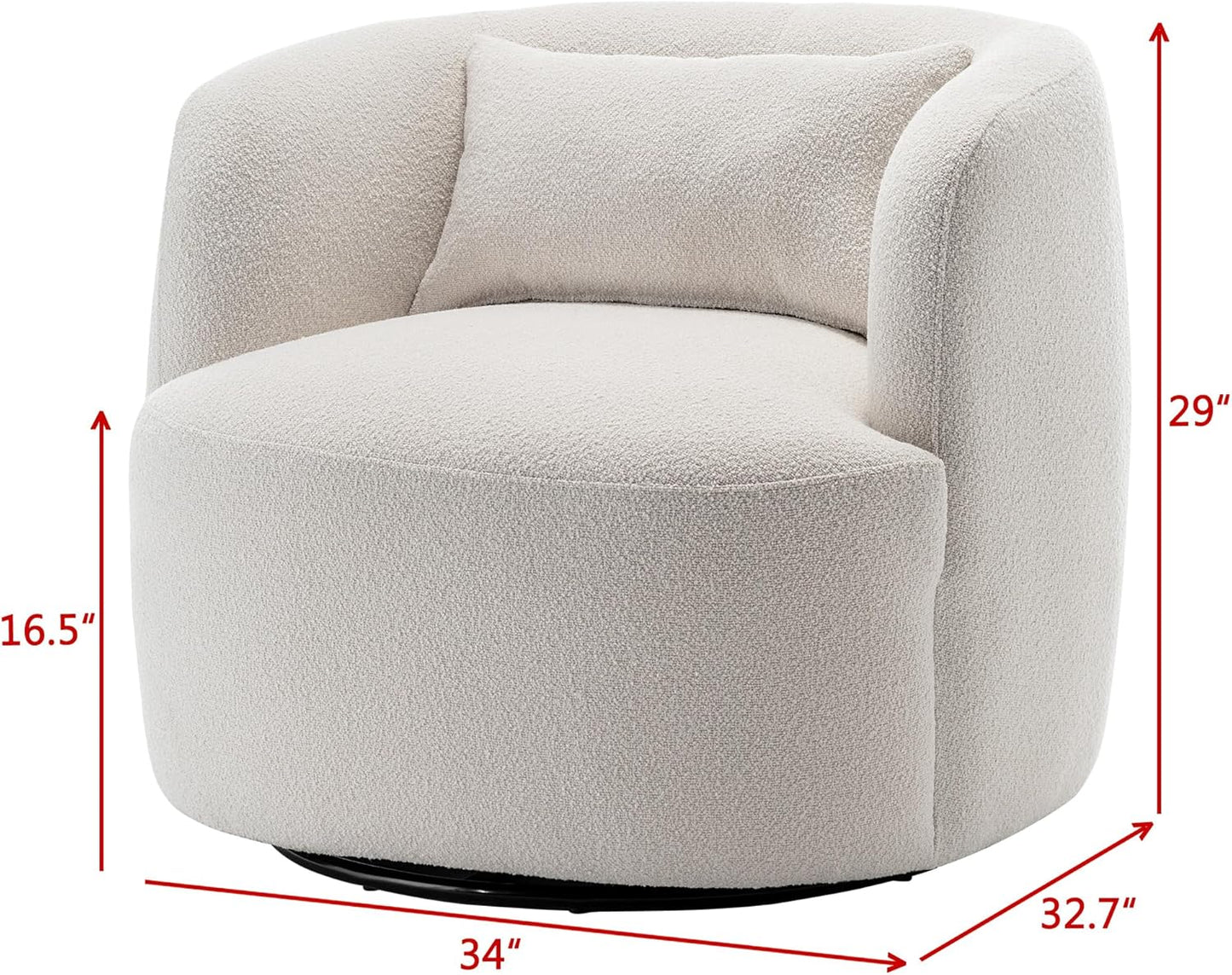 KINWELL 34" Wide Sherpa Swivel Barrel Chairs Set of 2, No Assembly Round Boucle Upholstered Accent Chairs Armchairs Single Sofa Chair with Toss Pillow for Living Room and Bedroom, Beige