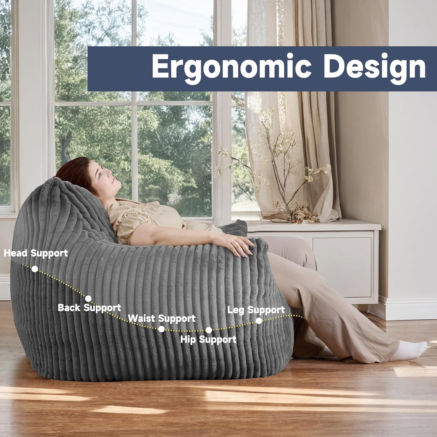 Oversized Bean Bag Chair for Adults, Giant Comfy Plush Boneless Bean Bag Couch with Filler for Kids - Reading Chair for Living Room, Bedroom & Dorm, Single Accent Chair Floor Lounger, Gray