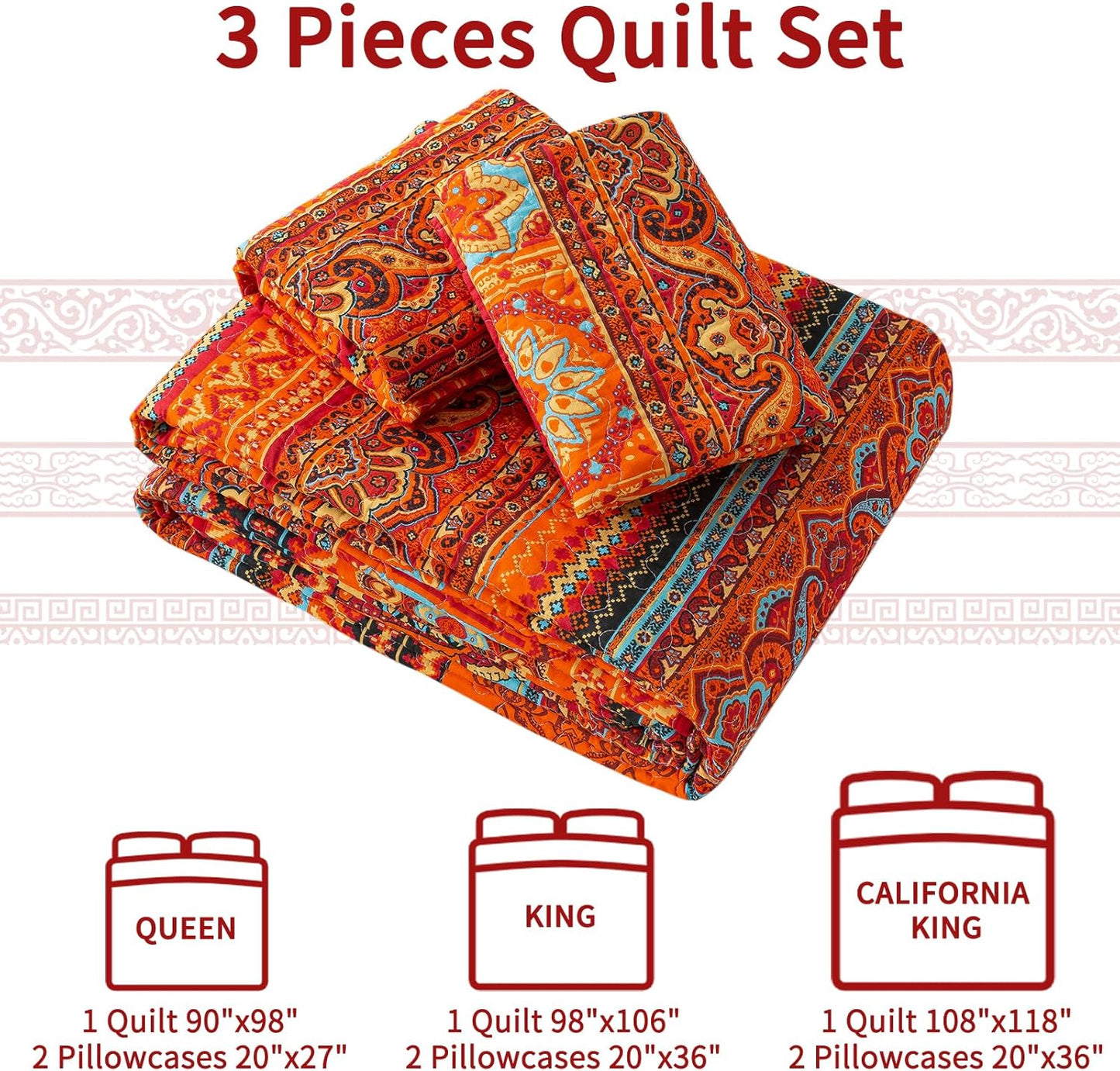 VAPUTAR Quilt California King Size Bedding Set - Cotton California King Quilt (108 * 118 Inch) - Boho Lightweight Reversible Oversized Bedspread for Farmhouse Bedroom (Red/Orange), 3 Pieces