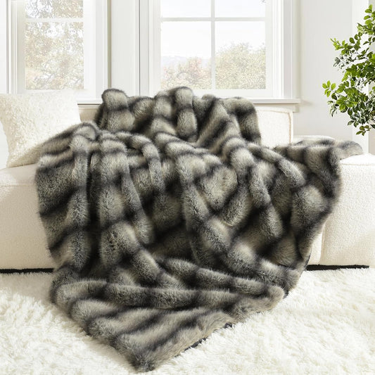 HORIMOTE HOME Luxury Faux Fur Throw Blanket, Non-Shedding 50"x60" Fur Blanket Throw, Ultra Soft Blankets for Bed, Couch and Sofa, Premium Soft, Thick Fluffy Throws, Gray Black Stripes