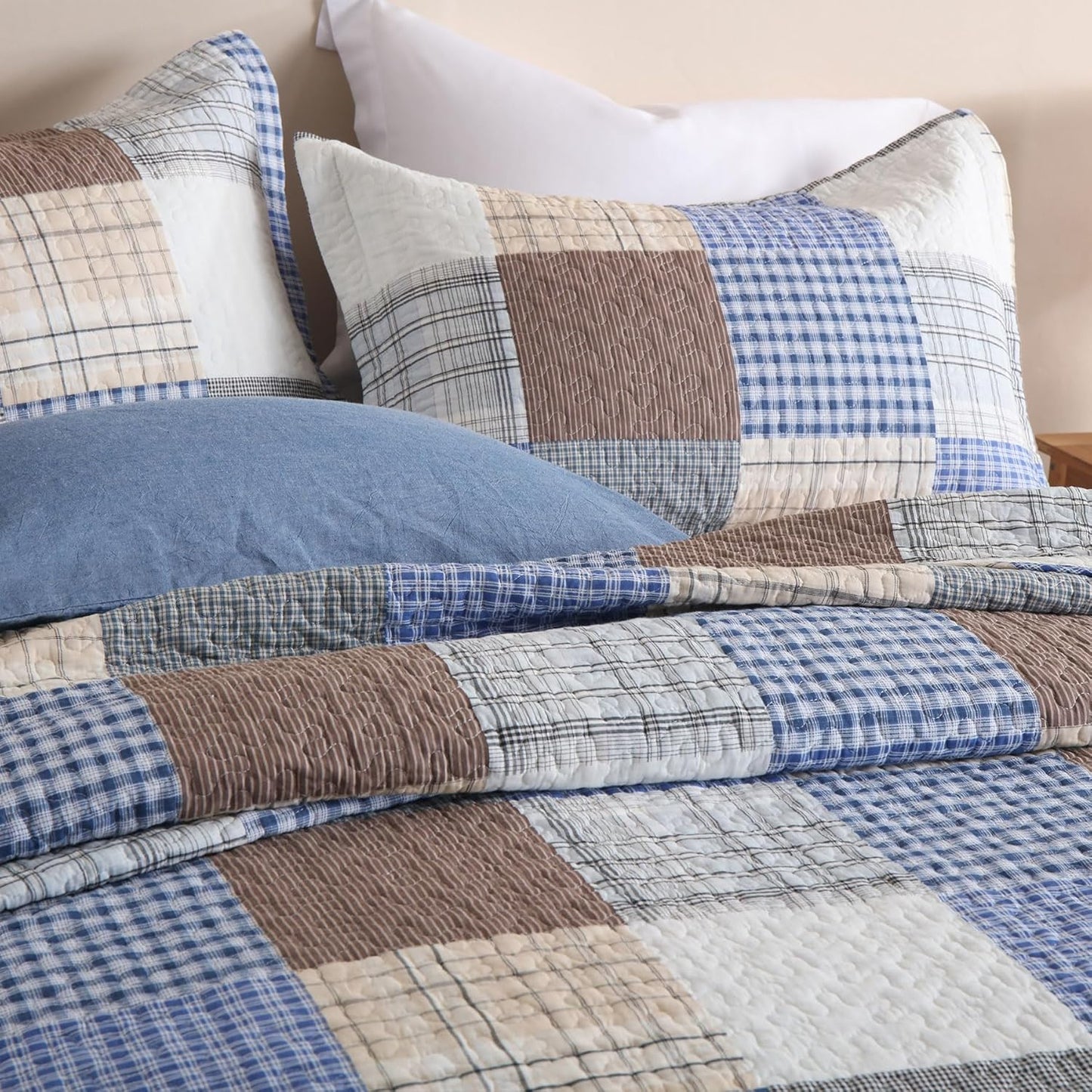 Secgo King Size Comforter Set- 100% Cotton Quilt King Size Set, Bule, Plaid bedspreads (96 * 108 Inch) with 2 Pillow Shams, Patchwork Reversible Lightweight Bedding